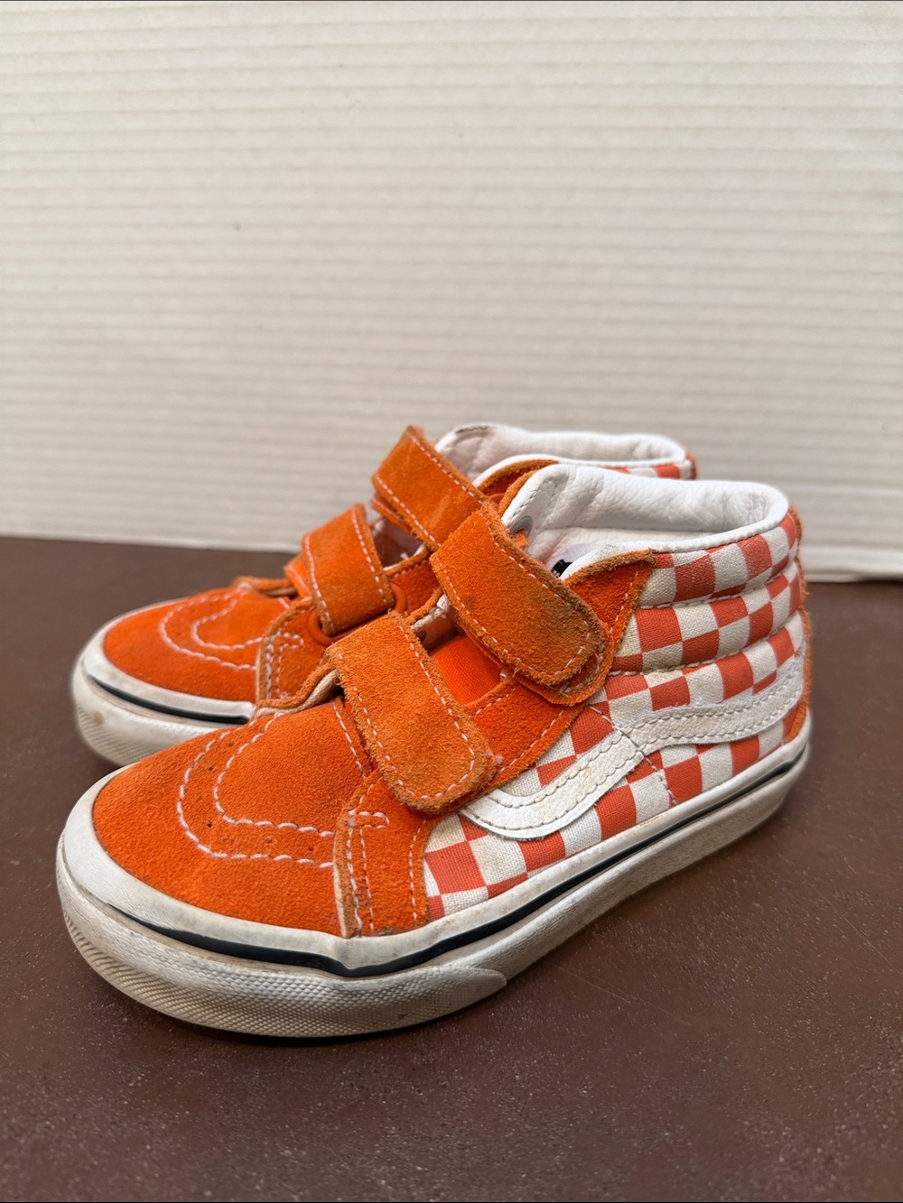 Kids Vans Orange Checkerboard High-Top Sneakers with Velcro Straps, size 11